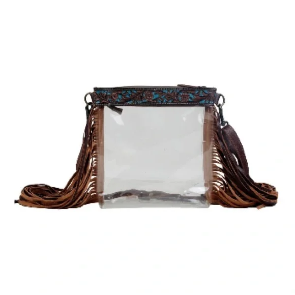 New Stadium Concert Bag Clear Adjustable Crossbody with Brown Leather Fringe - Picture 5 of 7